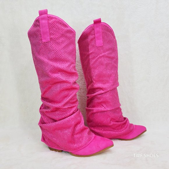Country Twist Fuchsia Draped Rhinestone Fold Over Western Cowgirl Boots - Picture 6 of 13